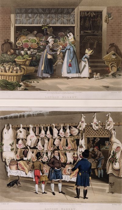 De Vleesstal en de Fruitstal van de Londense Markten, gegraveerd door M. Dubourg, 1822 door James Pollard